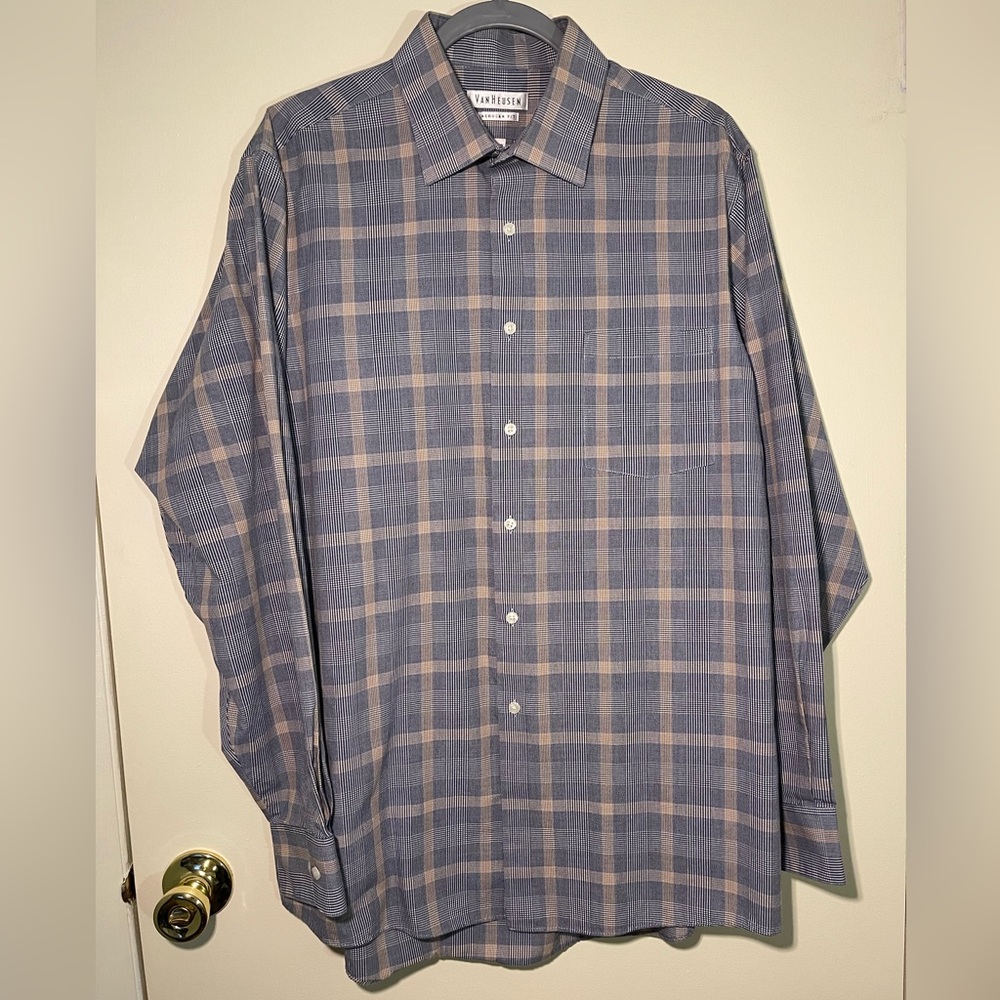 Van Heusen men’s dress shirt wrinkle free 16 1/2 34/35 blue tan plaid